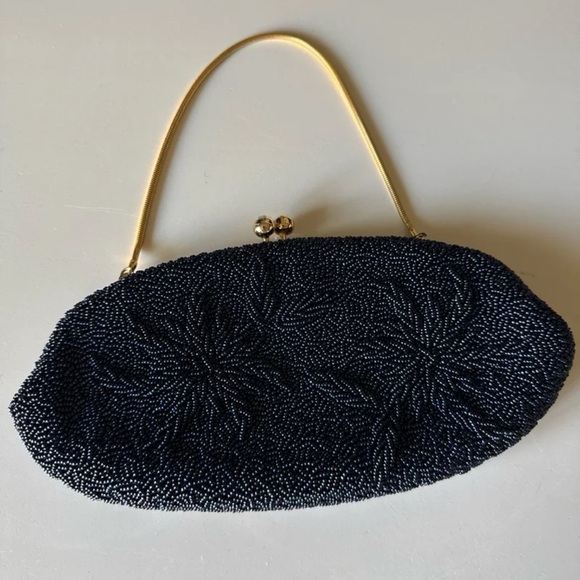 Vintage Blue beaded Floral design Gold chain Clutch Purse - Picture 11 of 12